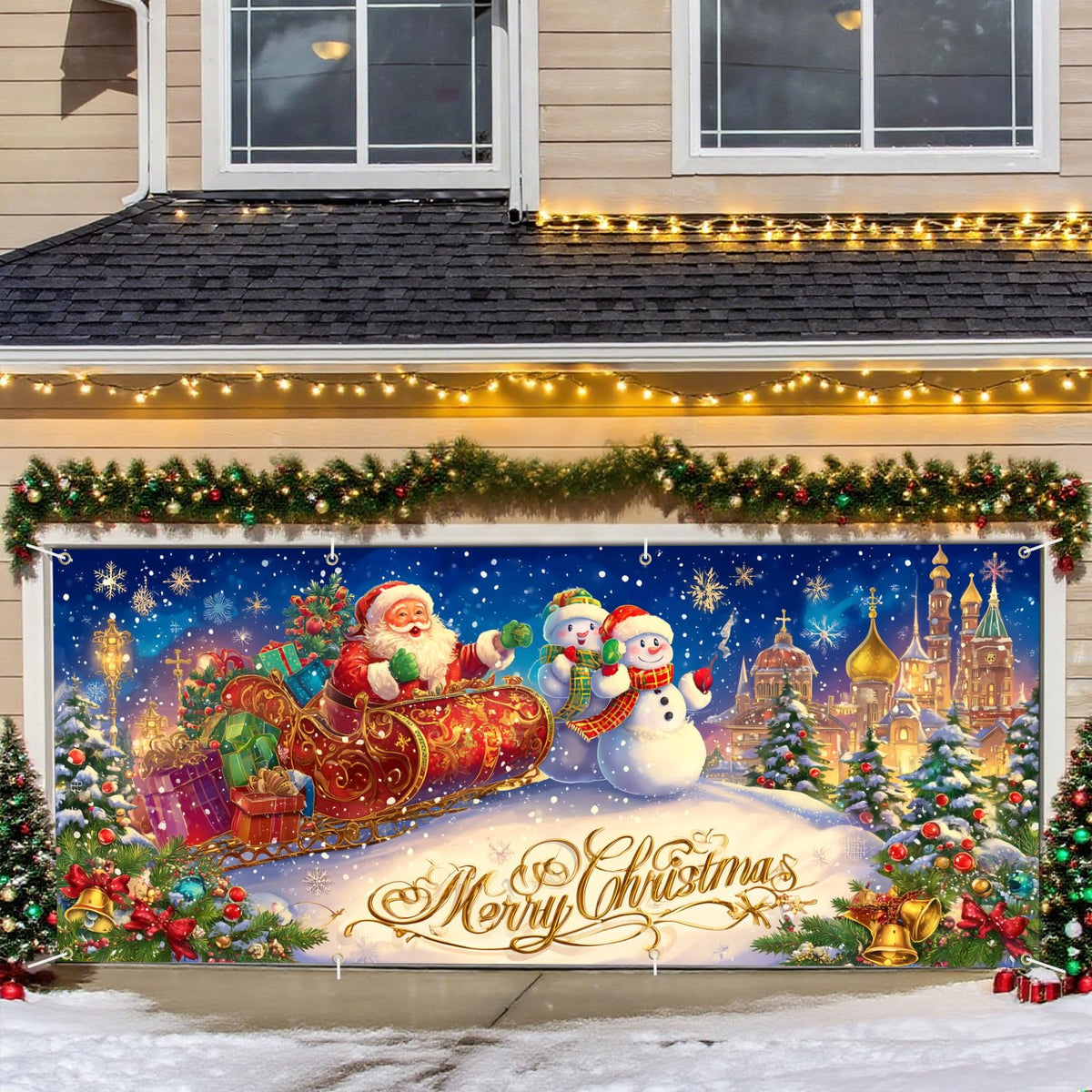 Santa Sleigh Merry Christmas Garage Door Banner (64 / 6 x 13 ft)