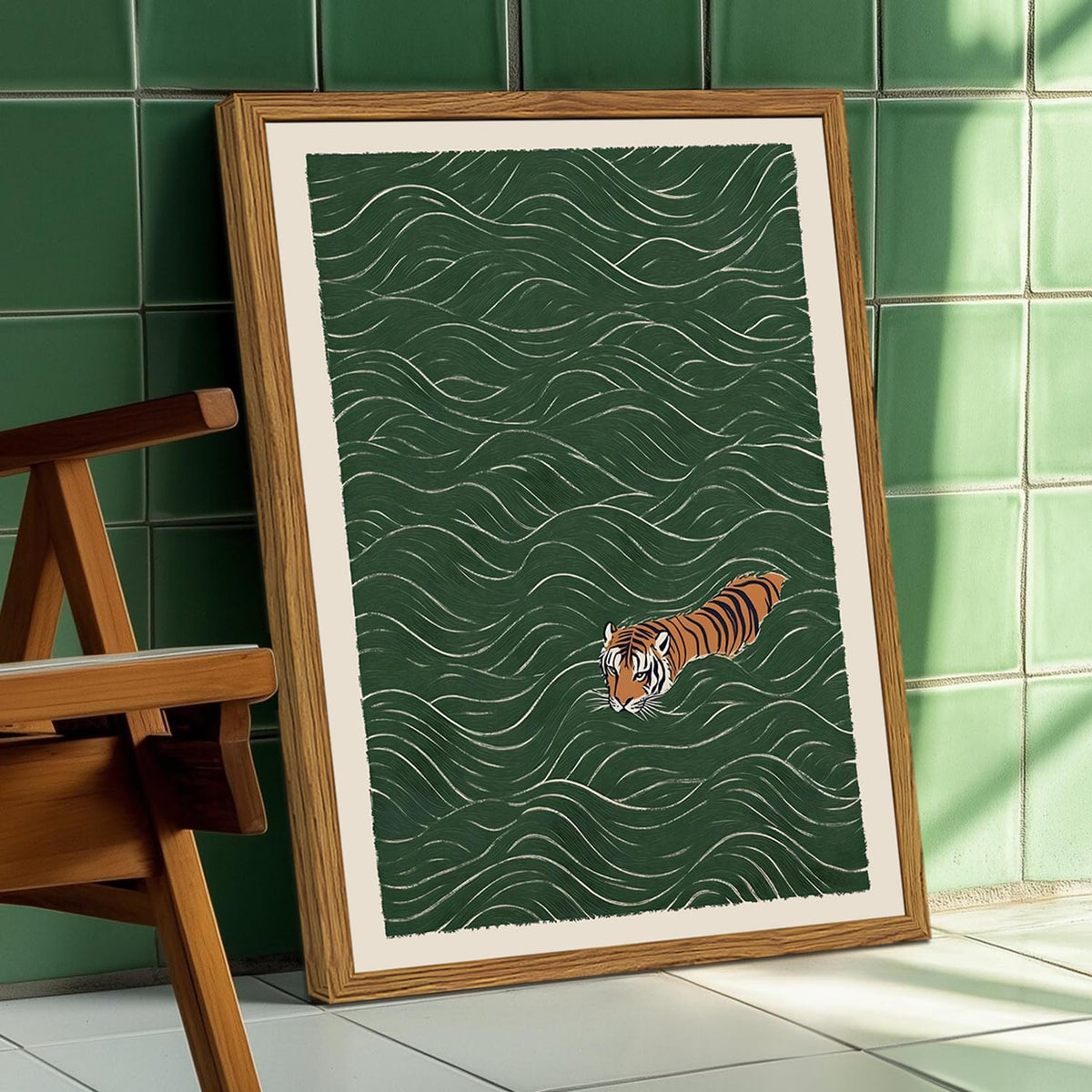 Framed Japanese Tiger Wall Art (Swimming Tiger / 16"L x 12"W)