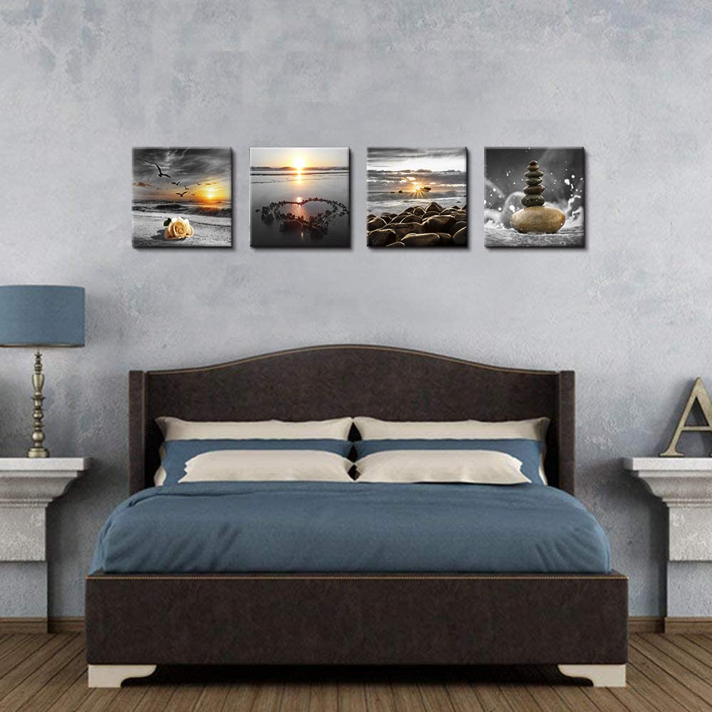 Beach Wall Art Canvas Zen Prints Art Black and White Wall Decor Gold Sea Sunset Seascape Wall Pictures Ocean Sunrise Love Painting for Living Room Bathroom Decor Home Decoration Framed (Ablack and white2 / 12"x12"inchesx4Pcs)