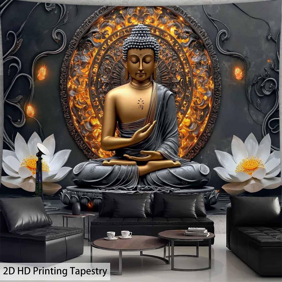 Sitting Golden Buddha Tapestry Wall Hanging Buddhist Statue Tapestries White Lotus Meditation Wall Decor Zen Art Psychedelic Indian Wall Blanket for Bedroom Living Room Home Decor (Grey / 59"L x 51"W)