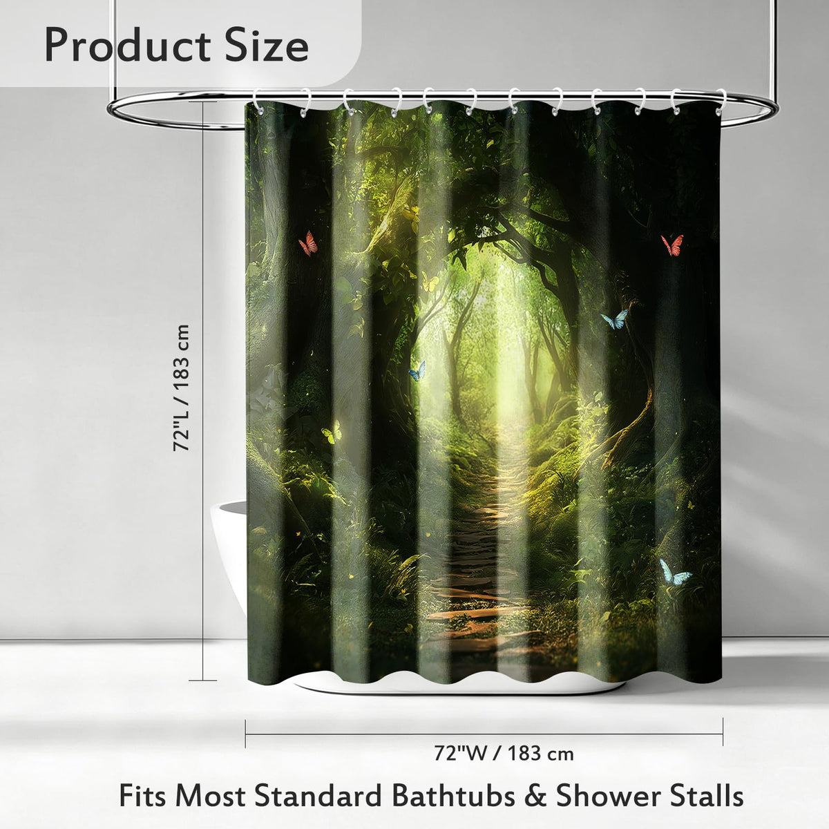 Enchanted Forest Shower Curtain Magical Woodland Path Sun Rays Butterfly Wildflower Garden Aesthetic Fantasy Bathroom Decor Bathtub Curtain Fabric Shower Curtain Set with 12 Hooks (Enchanted Forest Path / 72"W x 72"L (Pack of 1))