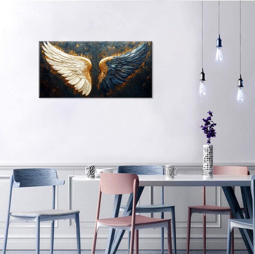 Multicolor Angel Wings Wall Art for Living Room Office Spiritual Symbolism Abstract Expressionism Painting Prints Modern Canvas Artwork Dining Bedroom Decor (Abstract / White Blue Gold Angel Wings Wall Art / 40"L x 20"W)