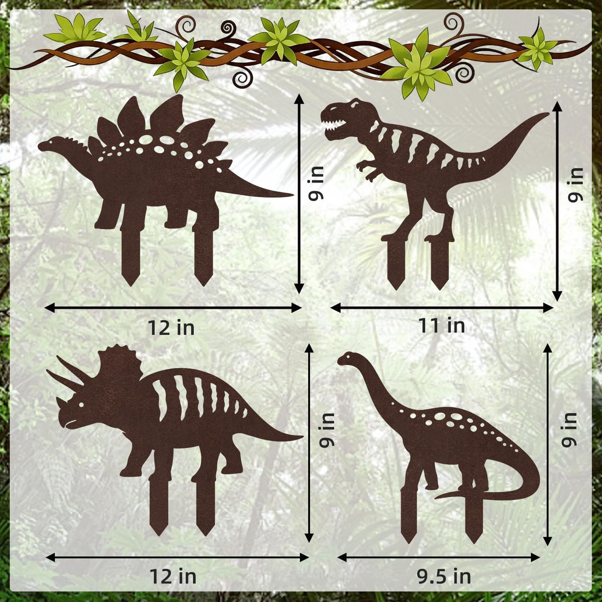 4 Piece Dinosaur Garden Stakes Set Dinosaur Garden Decor Dinosaur Sculpture Dinosaur Garden Statues Ideal for Porch & Zen Garden Spaces Unique Dinosaur Garden Decor (Cute)