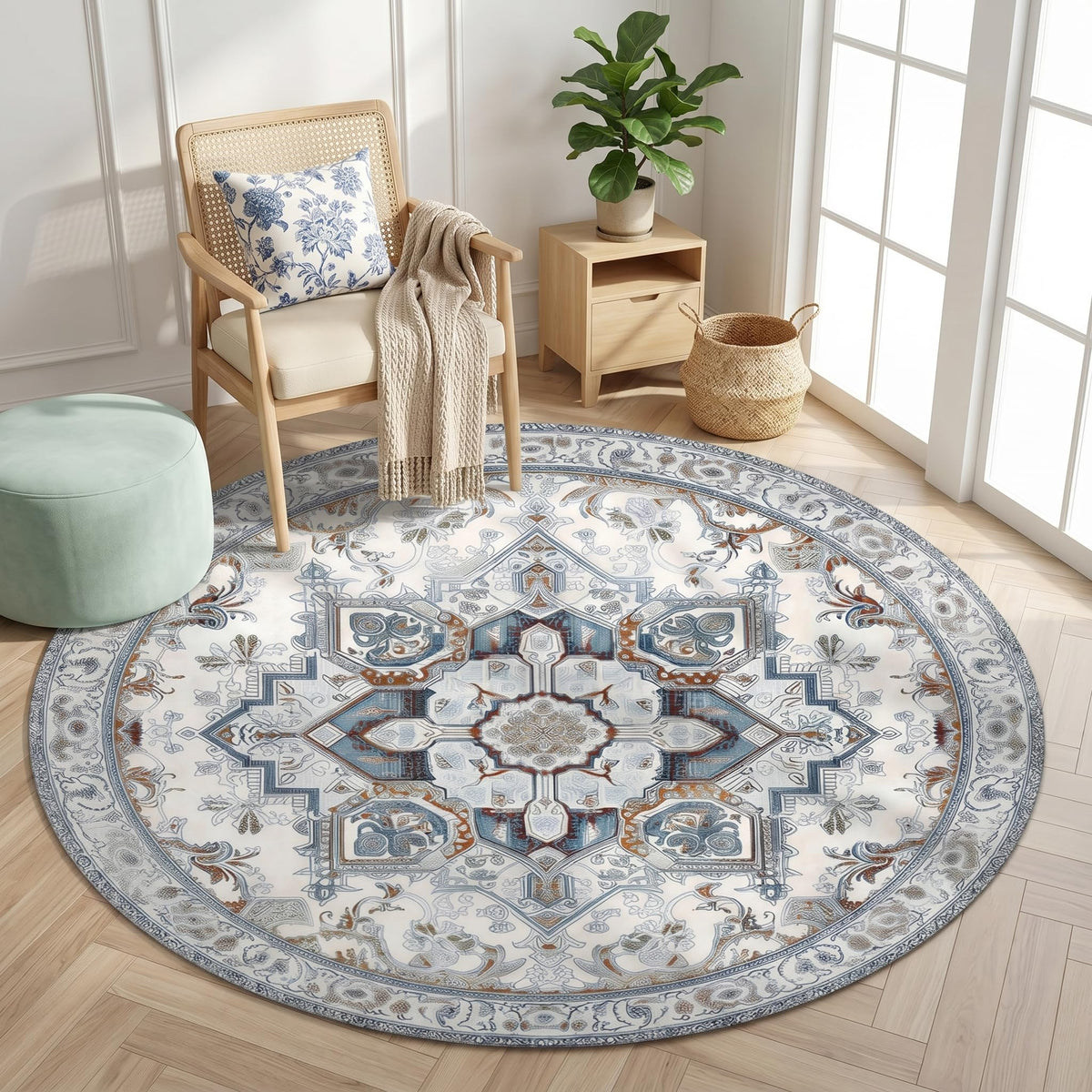 Vintage Floral Round Area Rug 4ft (Daily-vintage Blue / 4' (Round))