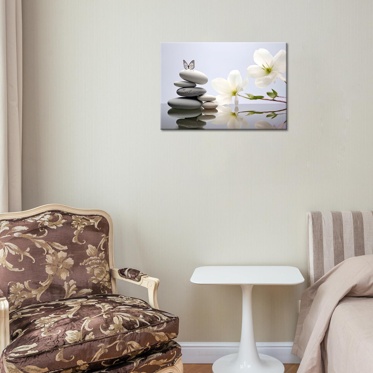 Zen Stone Canvas Wall Art Spa Stone with White Flower and Butterfly Picture Bathroom Wall Art Modern Spa Artwork for Spiritual Yoga Room Bedroom Picture Wall Decor (Zen Stone 03 / 42"L x 28"W)
