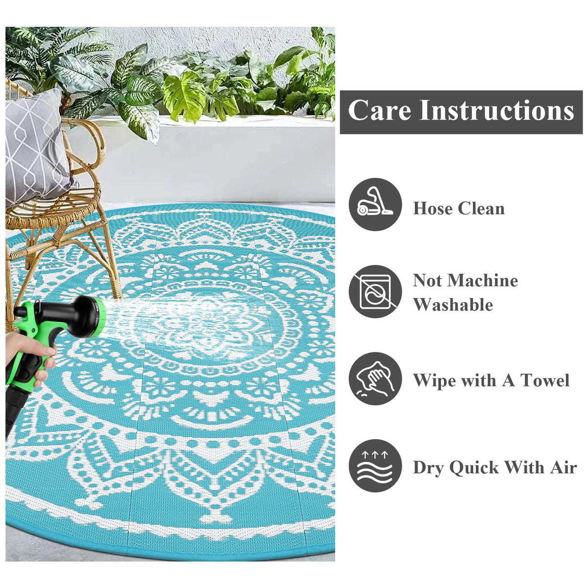 Waterproof Outdoor Rug 6ft Round Reversible Boho Plastic Straw Patio Deck Camping Rugs (Flower Teal / 6' (Round))