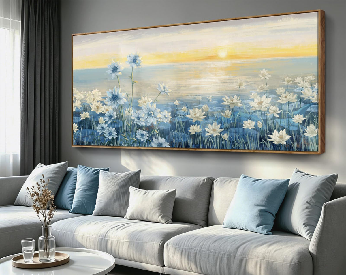 Giant Framed Wall Art for Living Room Extra large Modern Coastal Beachy Canvas Wall Art Big Floral Sunrise Blue Wall Picture Oversized Lake Nature Sunset Artwork Office Bedroom Decor 71“x31” (Sunrise Wall Art / 71"L x 31"W)