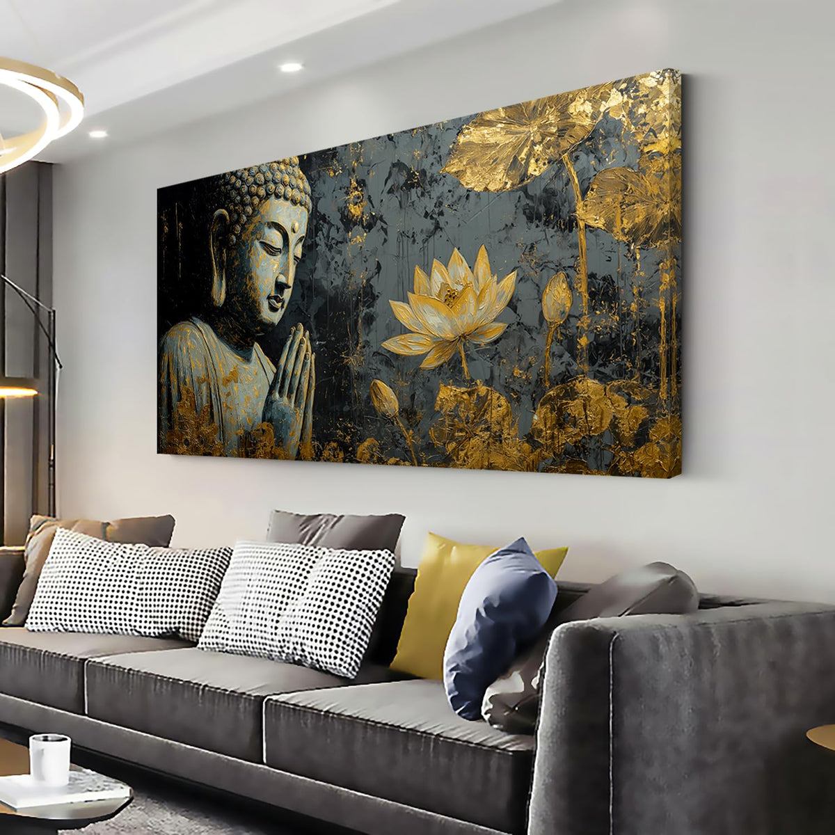 Teal Buddha Statue Wall Art for Living Room Office Contemporary Religious Buddha Painting Prints Mysterious Canvas Artwork Dining Bedroom Decor Large (Contemporary / Teal Gold Buddha Statue Wall Art / 46L" x 23W")