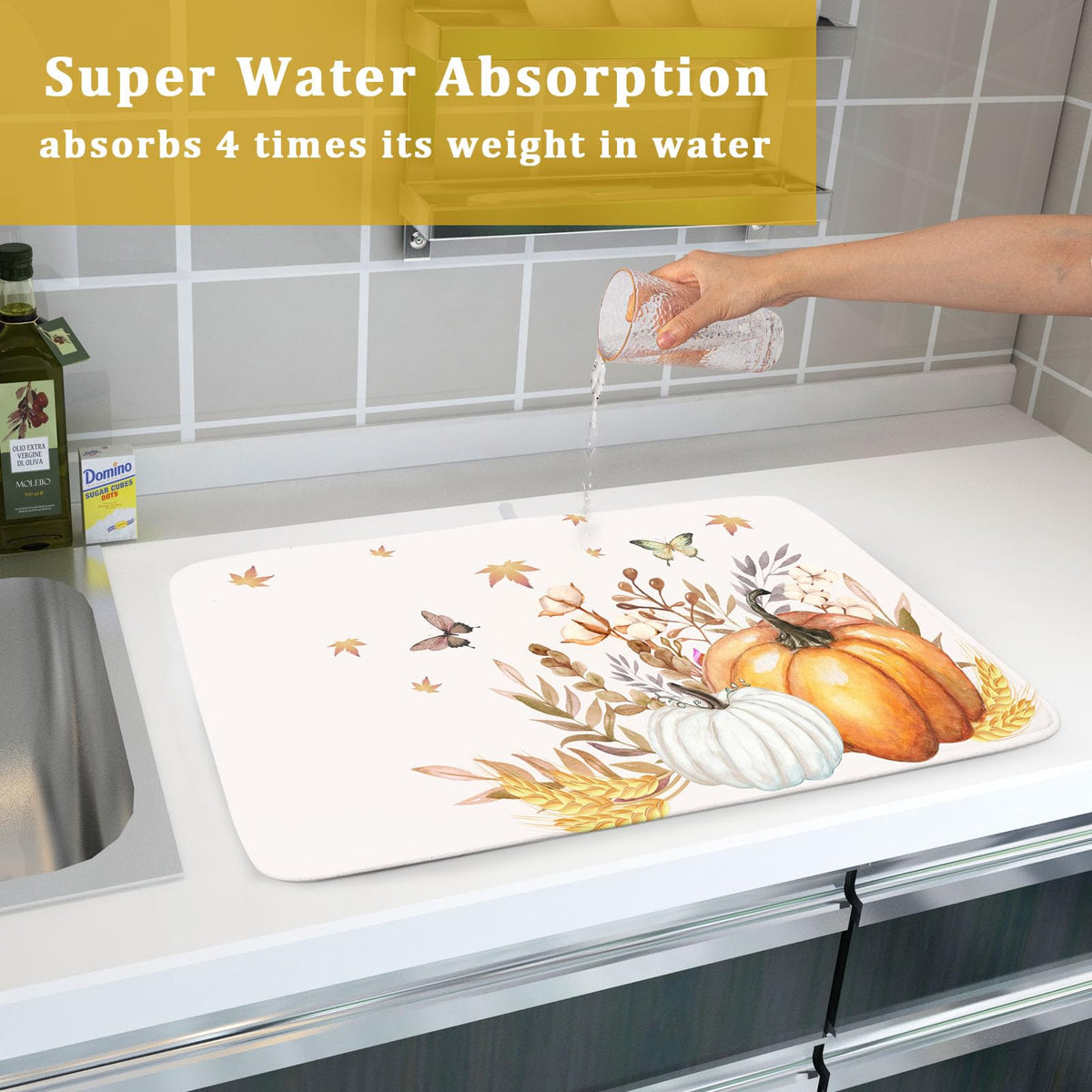 Fall Pumpkin Maple Dish Drying Mat for Kitchen Counter (Pumpkin and Butterflies230807 / 18" x 24")
