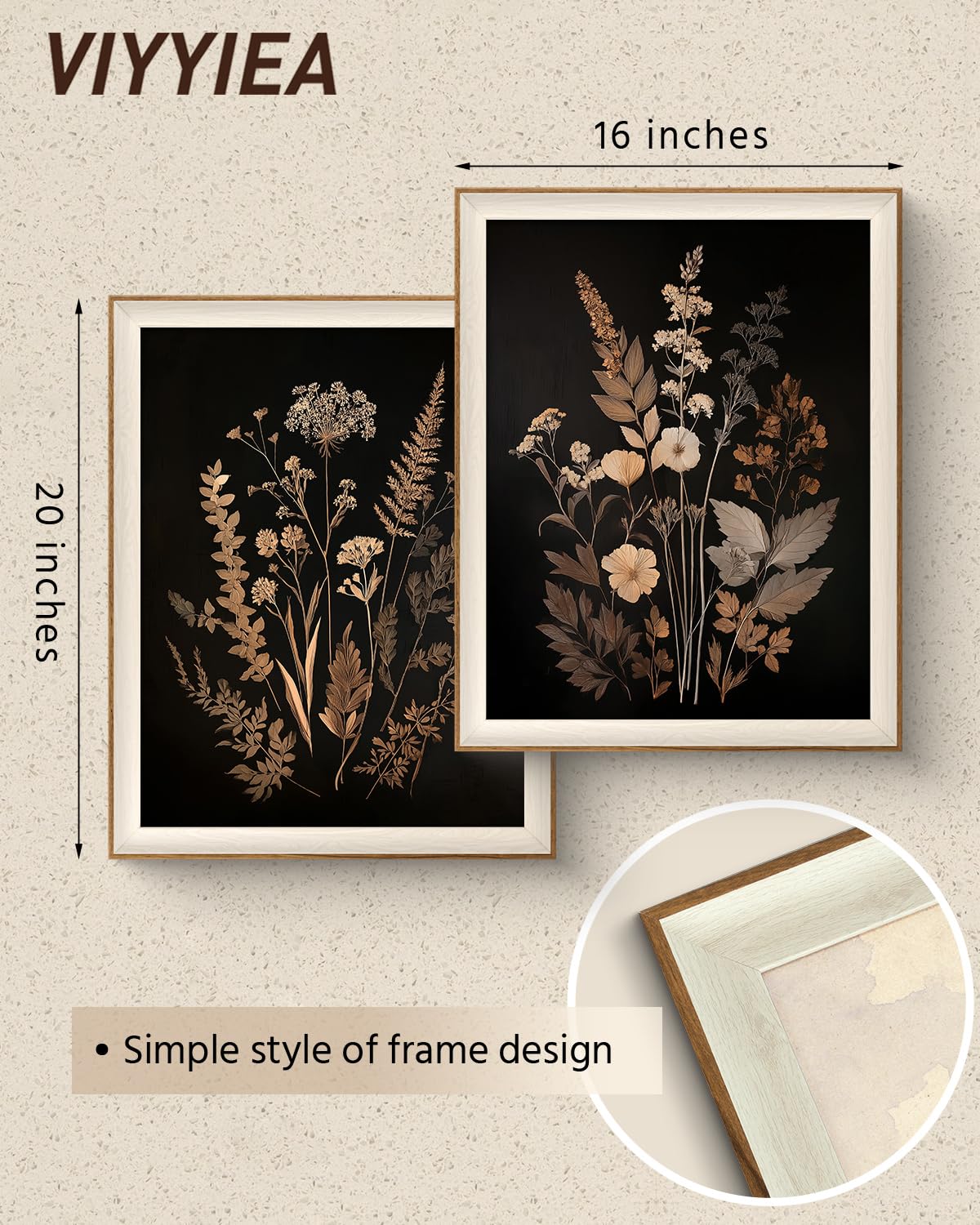 Framed Rustic Botanical Wall Art Set for Living Room (Dark Chocolate & Hazelnut / 16"L x 20"W)
