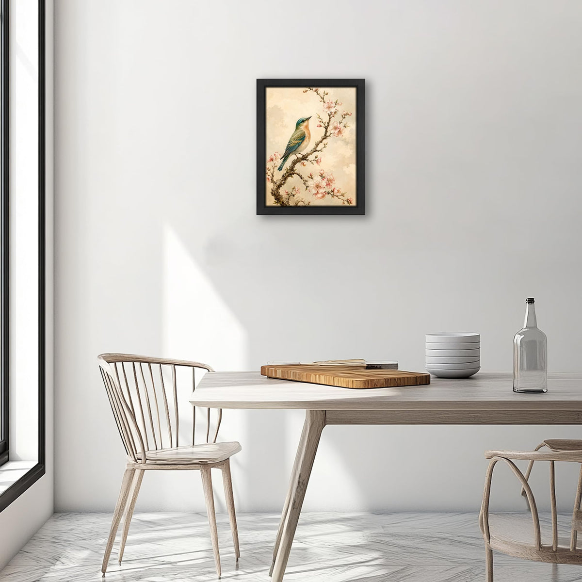 Vintage Bird Floral Decor Wall Art Rustic Cherry Blossom Picture 8"x10" (Wall Art Framed 20 / 10"L x 8"W)