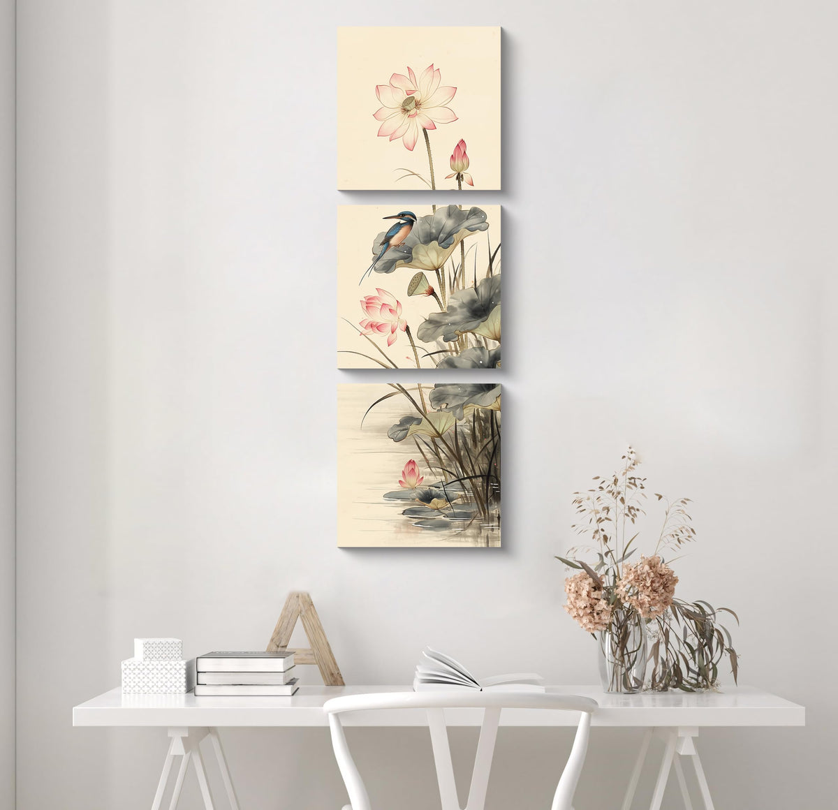 3Pcs Traditional Chinese Lotus Flower Kingfisher Canvas Wall Art Print Pink Blooming Lotus Asian Pictures Prints for Living Room Bedroom Bathroom Decor Zen Botanical Artwork Ready to Hang (Lotus and Kingfisher / 16x16inchx3)