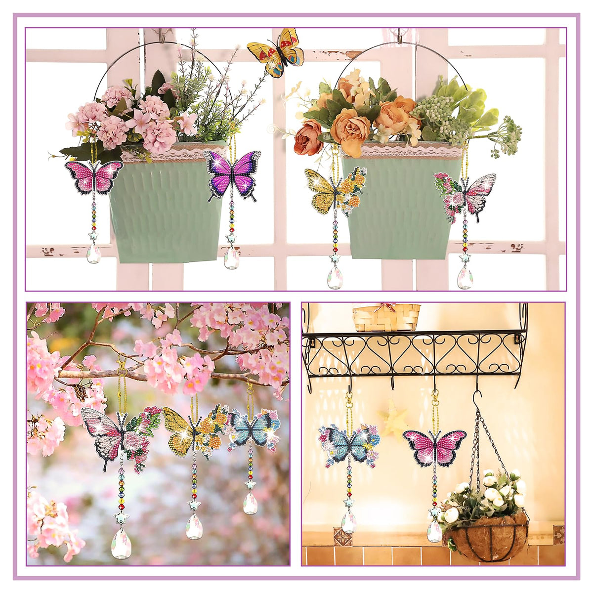 6 Pcs Diamond Painting Butterfly Wind Chimes Kits 5D DIY Crystal Diamonds Painting Suncatcher Christmas Ornament Double Sided Diamond Art Keychains Pendant Best Gifts for Mom (Vivid butterfly)