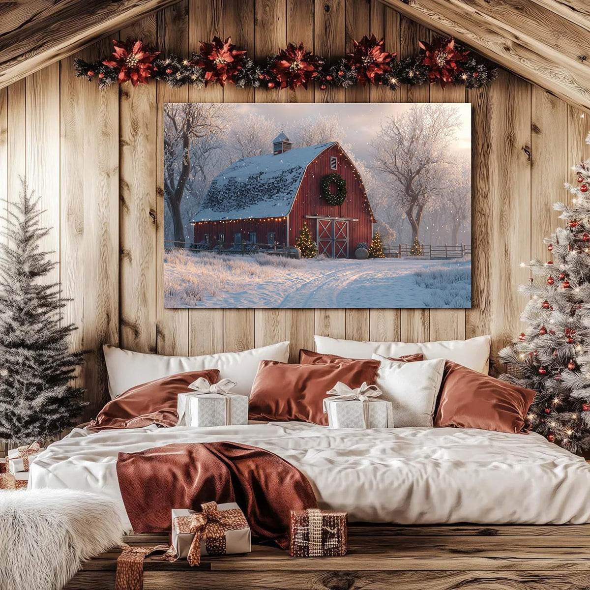Christmas Barn Wall Art Vintage Farmhouse Canvas Wall Decor Christmas Tree Poster Prints Rustic Winter Snowy Scenic Pictures Country Painting Artwork for Living Room Bedroom Home Decorations 32x48" (48"L x 32"W / Xmas Barn)