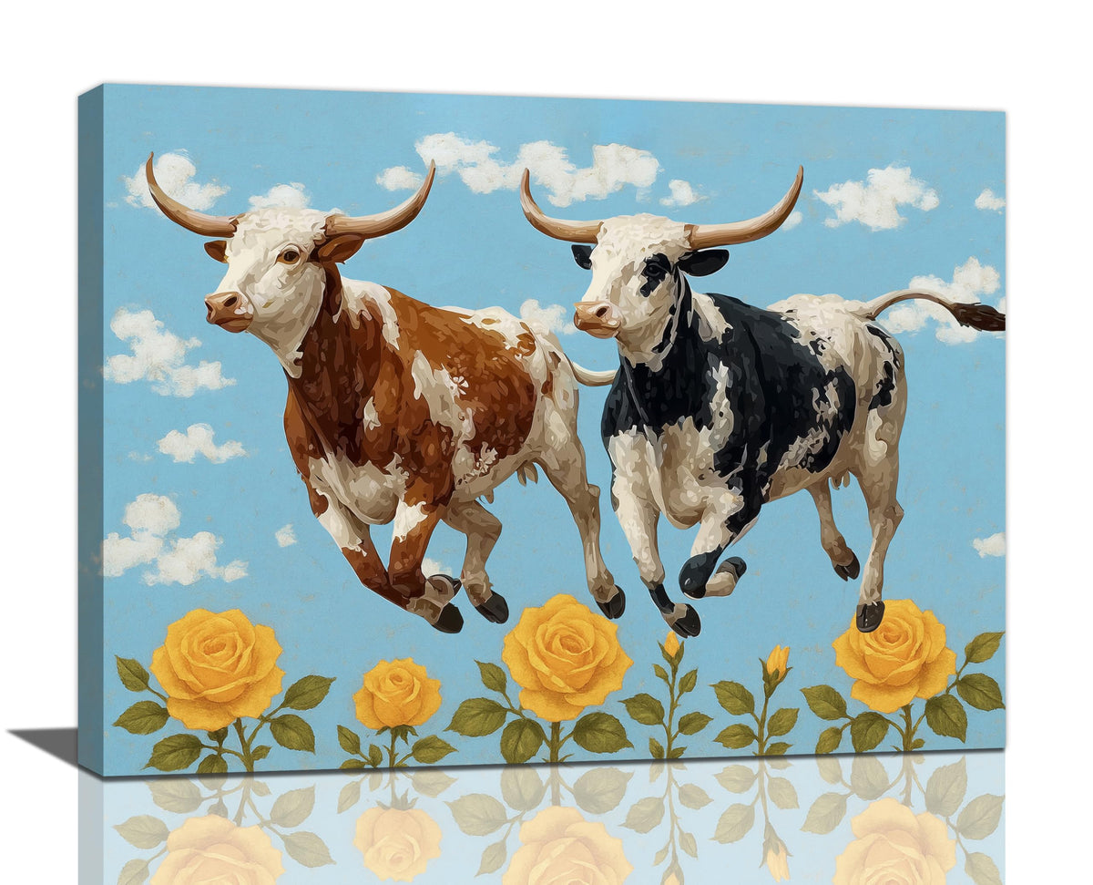 Longhorn Cow Wall Decor Funny Cow Canvas Wall Art Cute Cattle Pictures Painting Artwork Framed Decoration for Bedroom Bathroom Living Room Kitchen Dining Room Office 12"x16" (Longhorn / 16L"×12W")