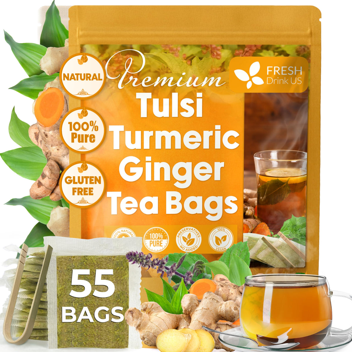 Premium 55 Tulsi Turmeric Ginger Tea Bags (55 Count)