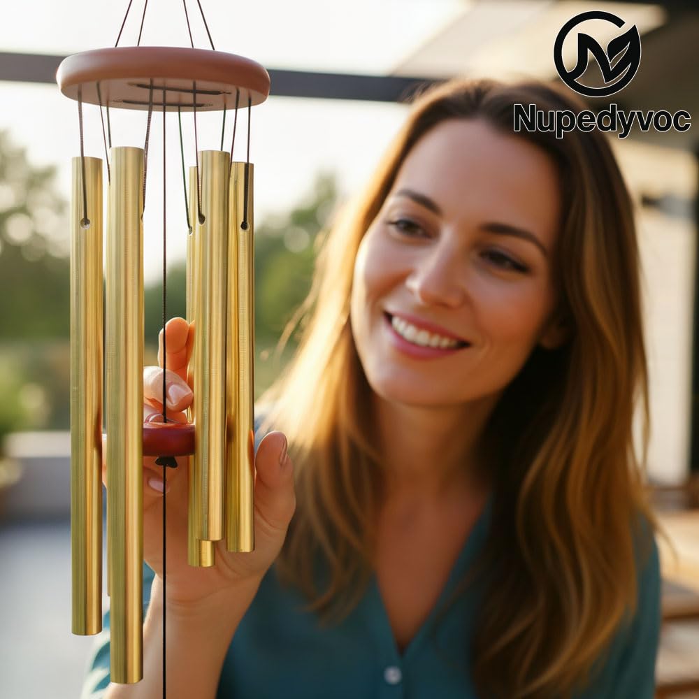 32” Large Golden Aluminum Wind Chimes with Brown Wooden Cap for Outside (Golden Aluminum Wind Chimes With Brown Wooden Cap)