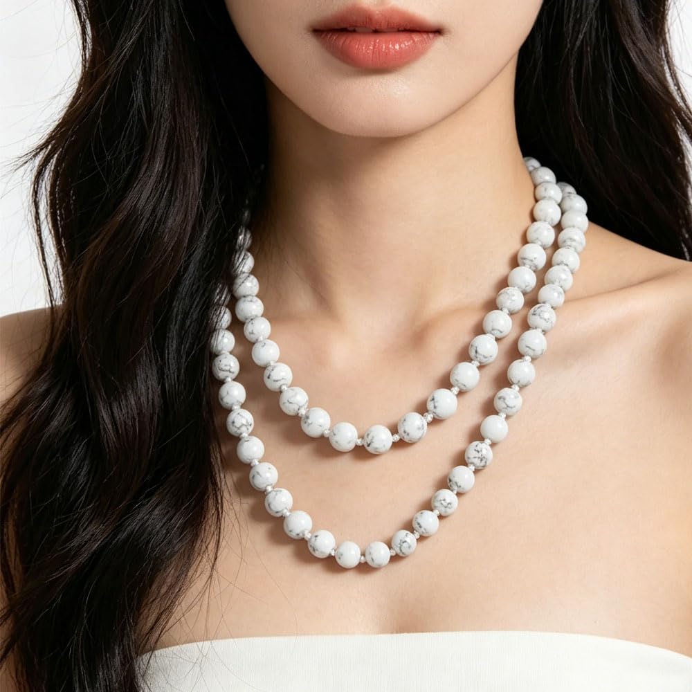 99 White Turquoise Beads Boho Long Beaded Necklaces for Women Men (White Turquoise)