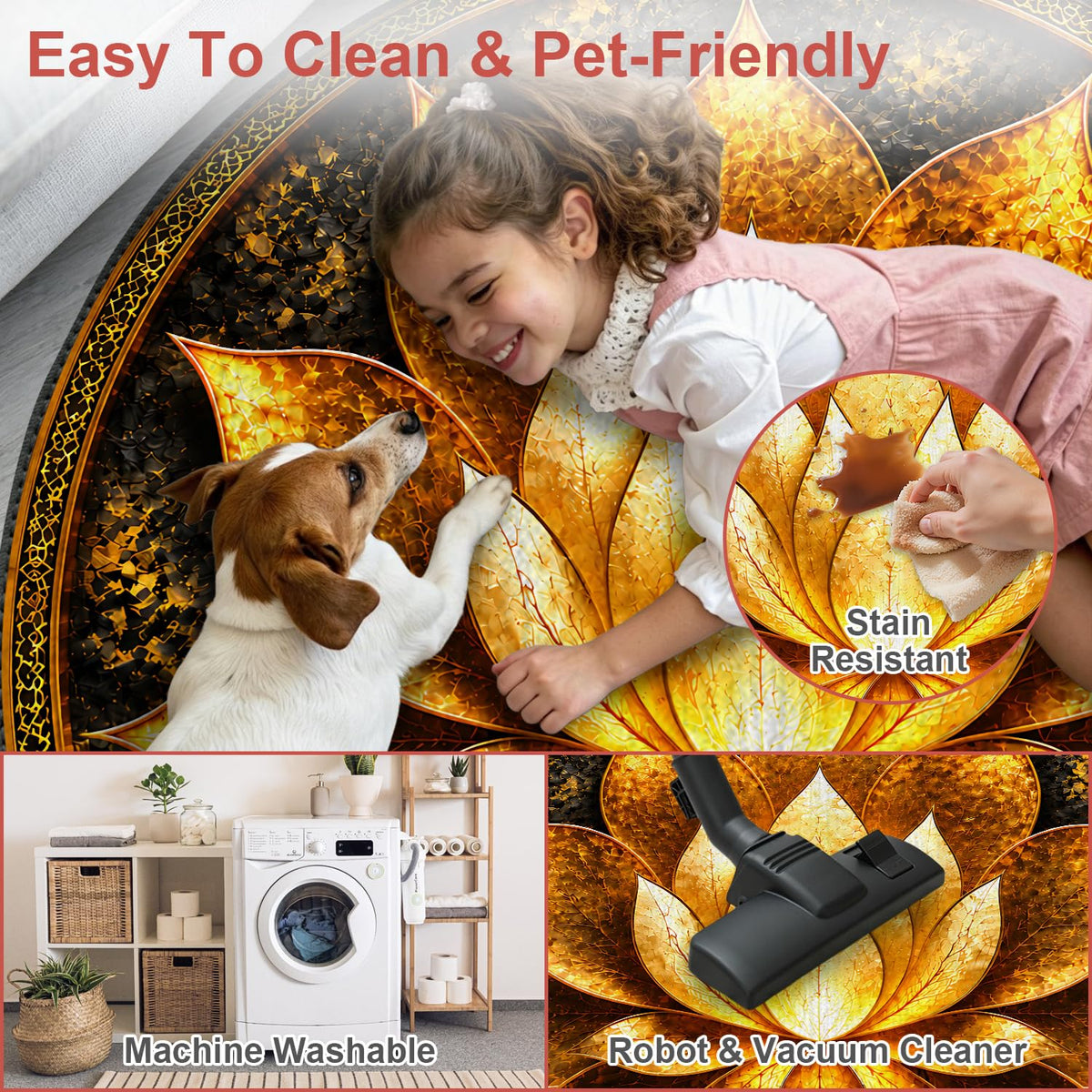 Luxury Golden Lotus Round Area Rug 4ft (85 / 4' (Round))