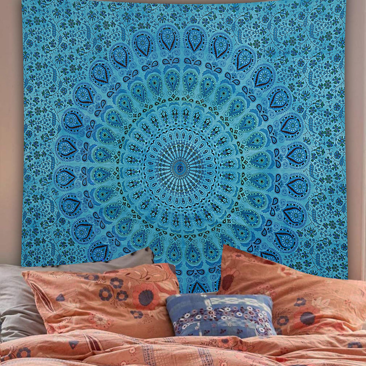 Handmade Cotton Peacock Mandala Tapestry (90"L x 84"W / Turquoise)