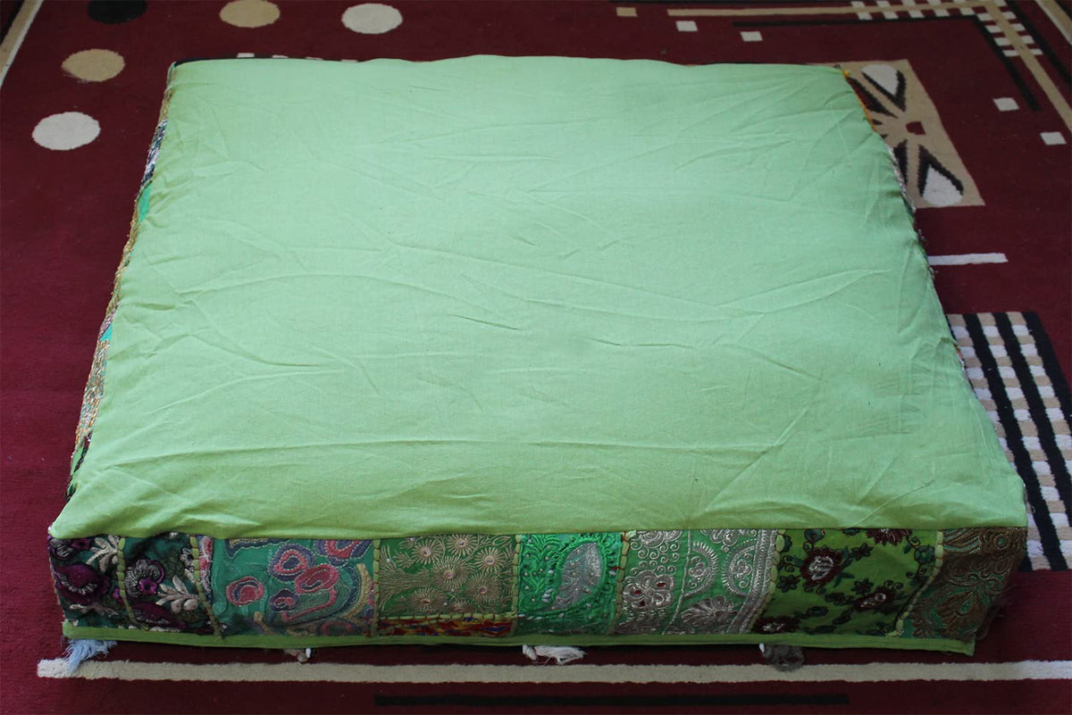 Indian Square Patchwork Traditional Pouf Cover Indian Living Room Poufs Decorative Embroidered Designer Ottoman Home Footstool Chair Cover Decor Pillow Cover 35 inches (35"D x 35"W x 5"H / Light Green)