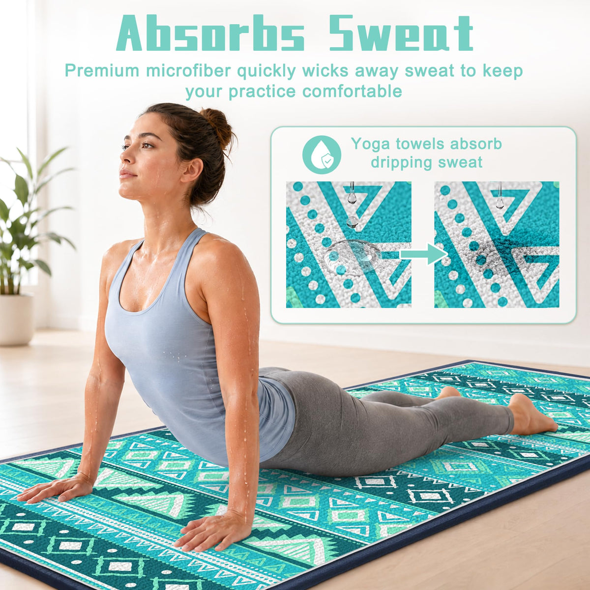 Yoga Towel Absorbent Yoga Mat Towel for Hot Yoga Non Slip (Green Triangle Geometry / Casual)