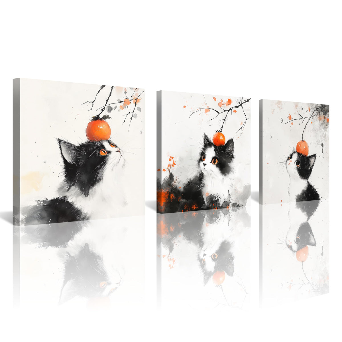 3PCS Modern Japanese Style Cat Wall Art Black White Orange Watercolor Canvas Print Asian Oriental Cat Minimalist Ready to Hang Home Decor Tuxedo Kitchen Living Room Artwork (Japanese Style Cat / 14x14 inches (3 pieces))