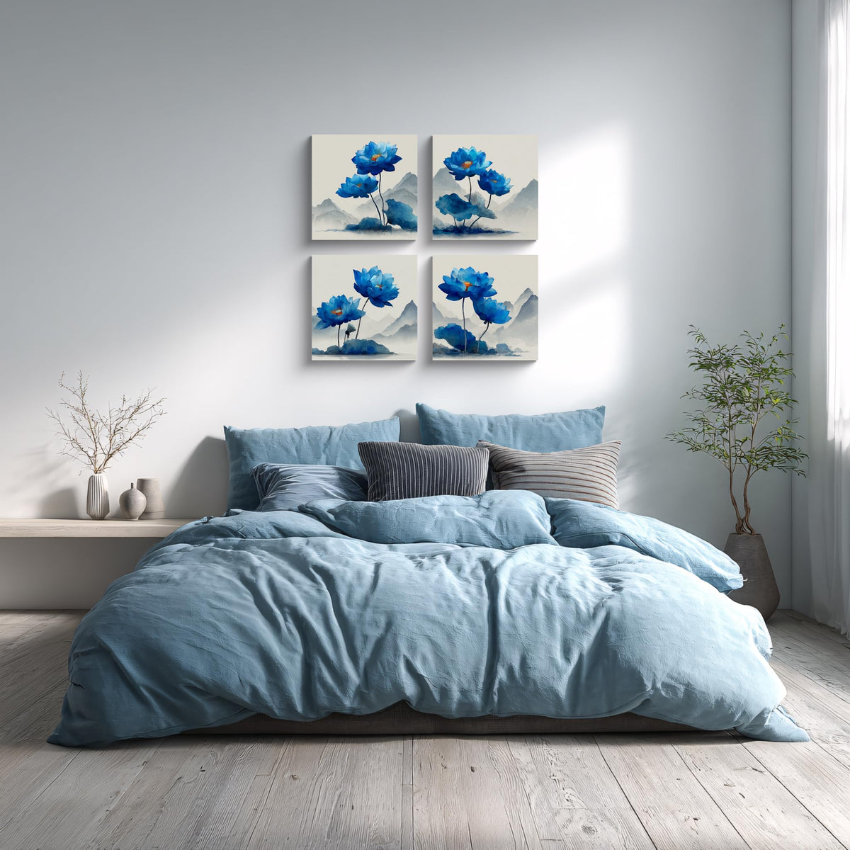 4PCS Blue Lotus Wall Art Chinese Ink Painting Style Watercolor Flower Canvas Print Oriental Botanical Artwork Modern Zen Landscape Decor for Living Room Bedroom Office Meditation Space (16X16inchX4 / Blue Lotus-2)