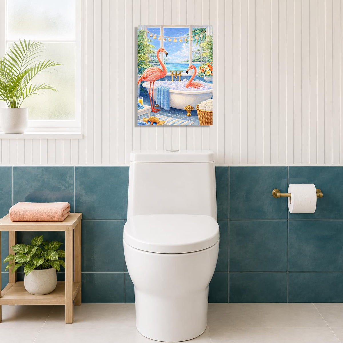 Bathroom Flamingo Wall Art Pink Flamingo in Bathtub Wall Decor Coastal Canvas Painting for Bathroom Toilet 16"x20" (Bathroom Flamingo / 20"L x 16"W)