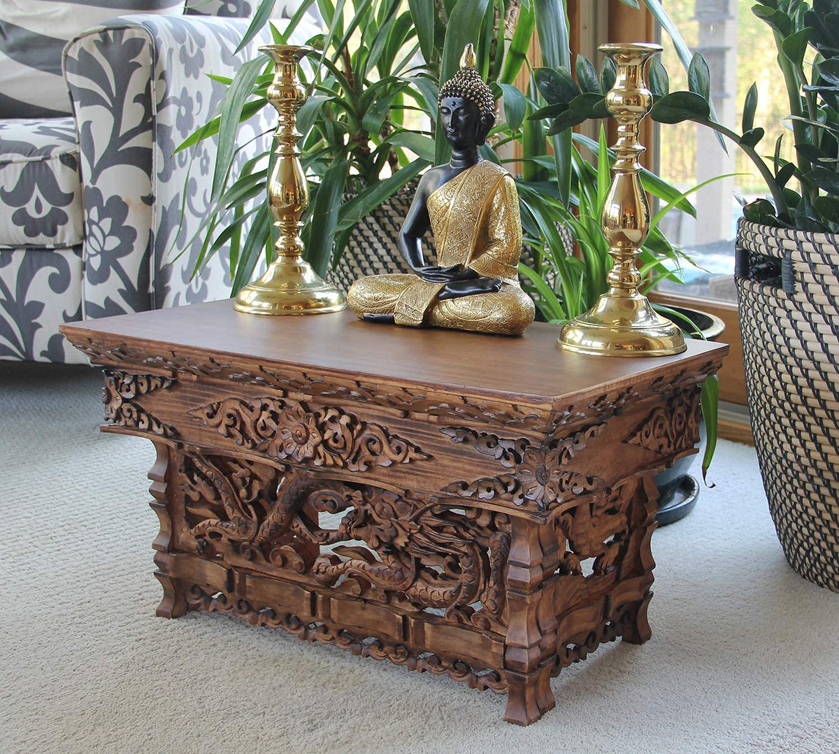 Solid Indian Elm Wood Hand Carved Floor Shrine Altar Meditation Table (Large / Dark)