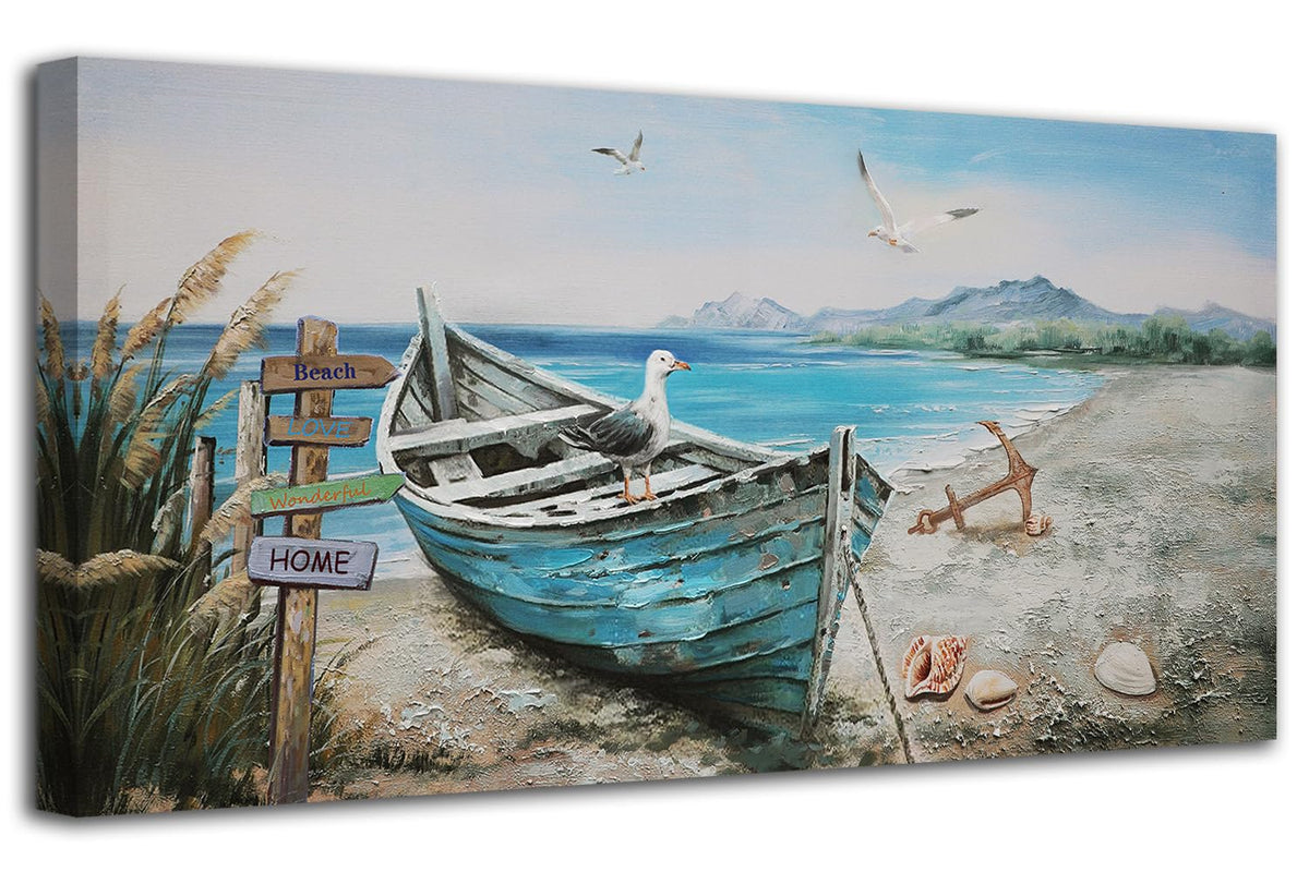 Nautical Wall Art Decor Coastal Artwork for Living Room 48"x24" (blue coastal boat / 48"L x 24"W)