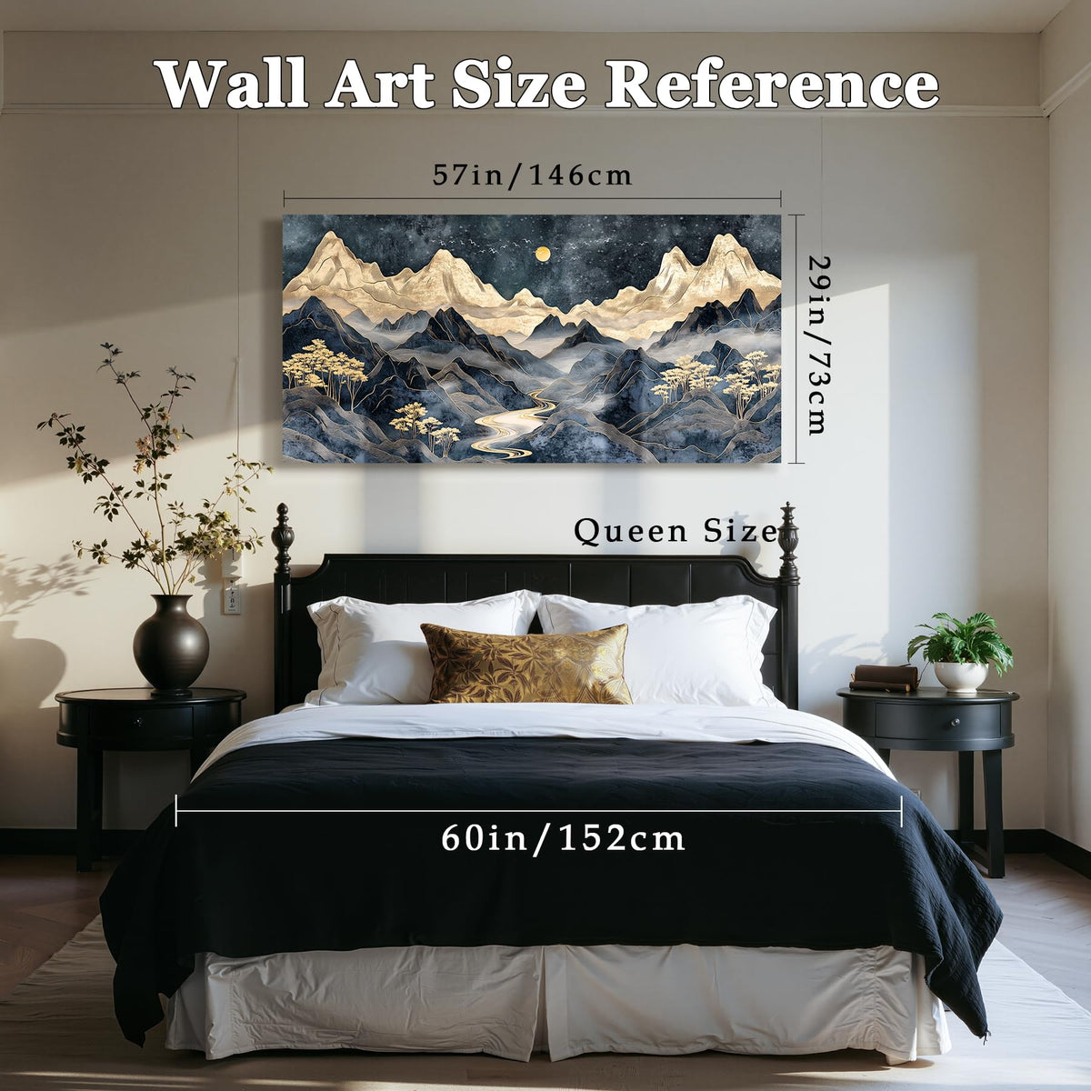Luxury Mountain Oversized Wall Art Landscape Painting Living Room (Indigo Golden Mountain / 57"L x 29"W)