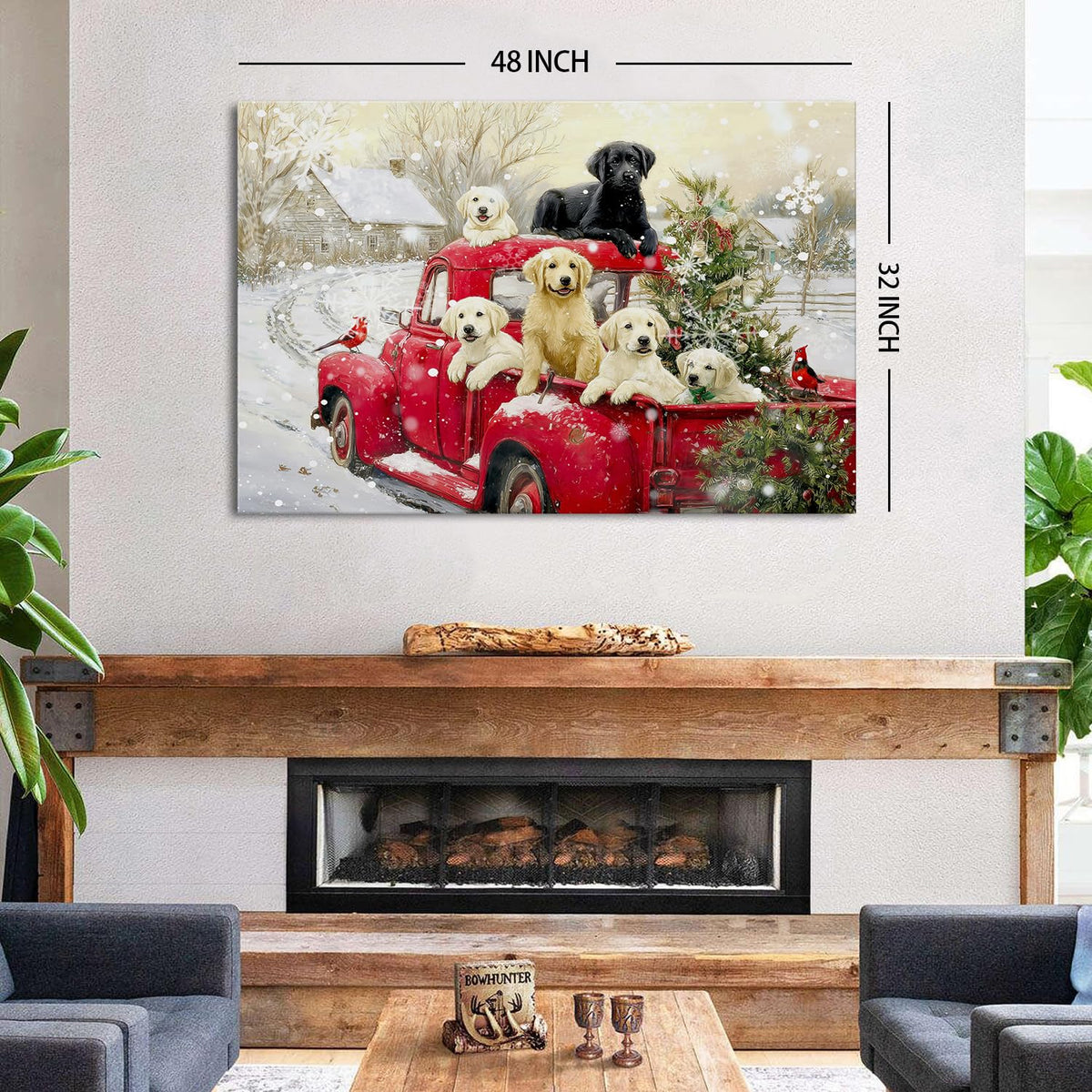 Vintage Christmas Wall Art Winter Farmhouse Scenic Wall Decor Red Truck Christmas Tree Canvas Prints Cute Puppy Pictures Snow Country Landscape Artwork for Bedroom Kitchen Home Decorations 32x48" (48"L x 32"W / Xmas Puppy)
