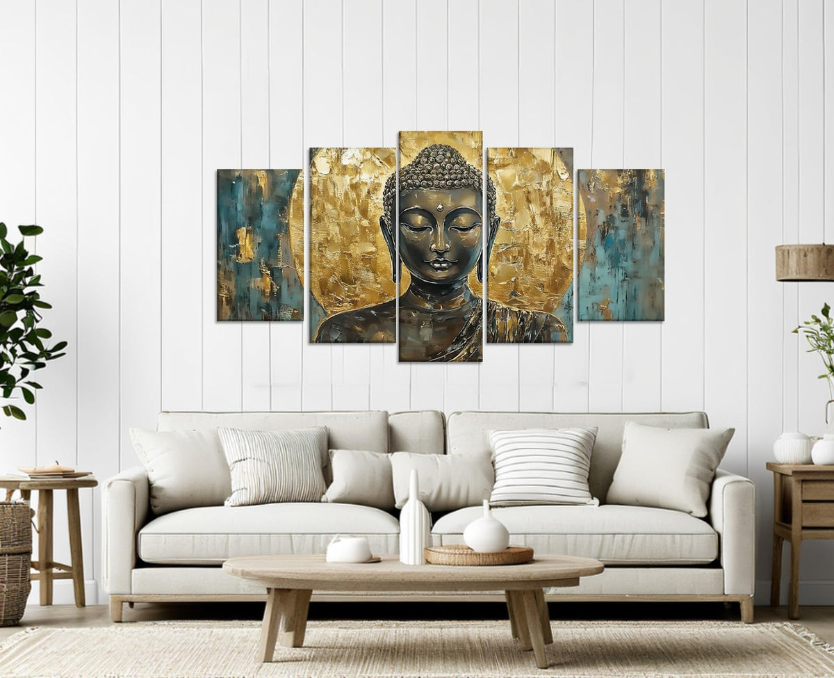 Buddha Canvas Wall Art 5 Piece Zen Wall Decor Vintage Cyan and Gold Buddha Picture Meditation Painting Buddhism Prints for Yoga Spa Spiritual Room Decor Framed (80x40 inch / Picture-7)