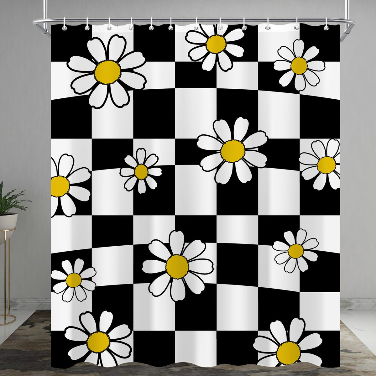 70s Retro Black White Checkered Daisy Shower Curtain 60"X72" Flower Checkerboard Cute Vintage Wavy Funky Shower Curtain Set for Bathroom Plaid Bathtub Curtain Decor Groovy Bathroom Curtain (60"W x 72"L (Pack of 1) / 70s Checkerd Daisy)