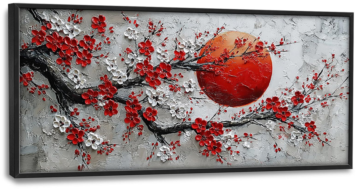 Plum Blossom Large Wall Art for Living Room Oriental Asian Pictures Painting Chinese Big Wall Decor Japanese Canvas Artwork Decorations Framed for Bedroom Office Dining room Gifts 30"x60" (Red flower / 60"L x 30"W)