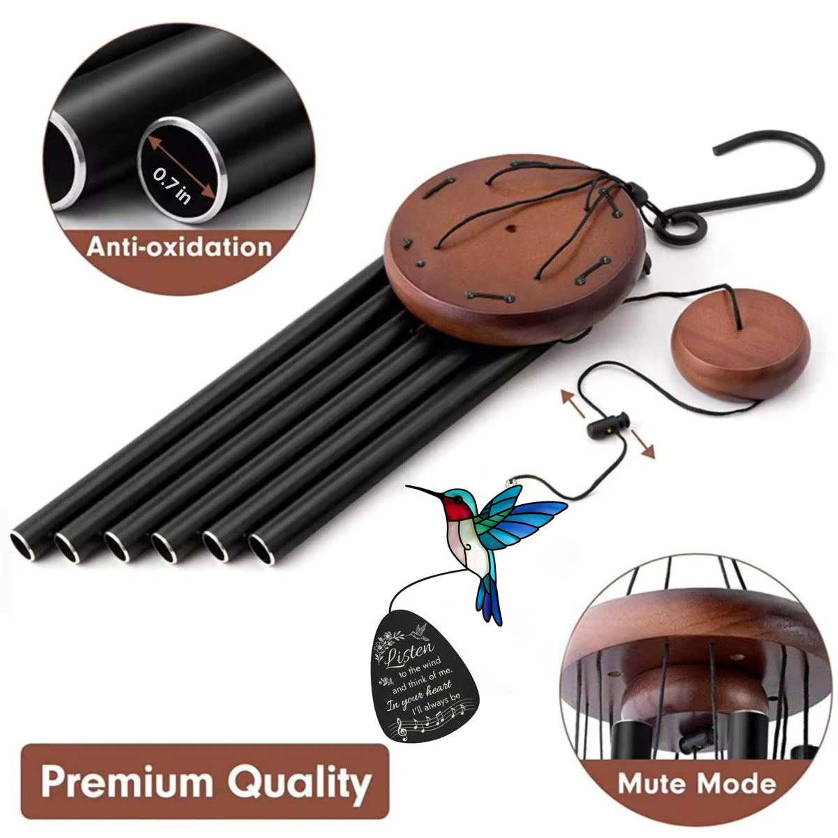 Sympathy Wind Chimes for Loss of Loved One with Hummingbird Suncatcher (36IN)