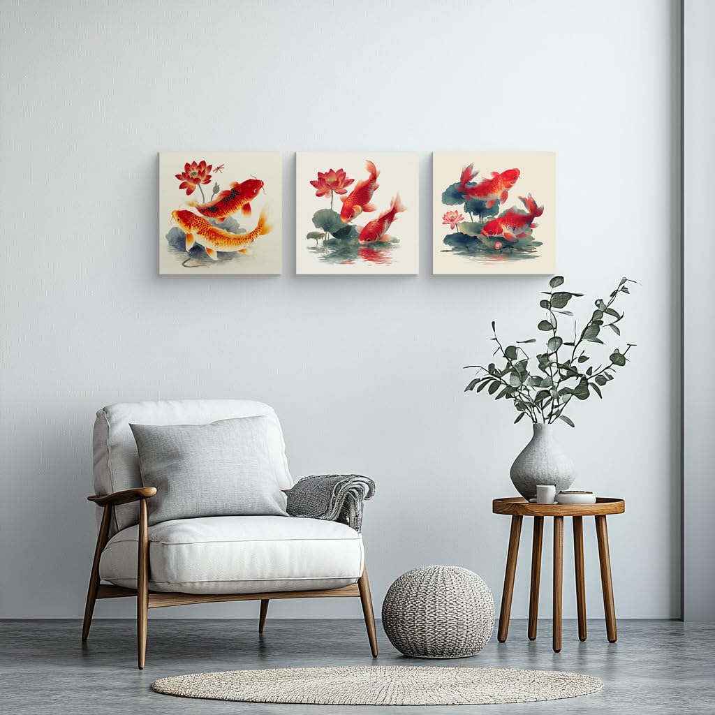 3Pcs Japanese Koi Fish Lotus Flower Wall Art Red Watercolor Zen Canvas Prints for Living Room Feng Shui Good Luck Animal Pictures Asian Oriental Floral Artwork Decor Ready to Hang (Zen Koi Canvas / 16x16inchx3)