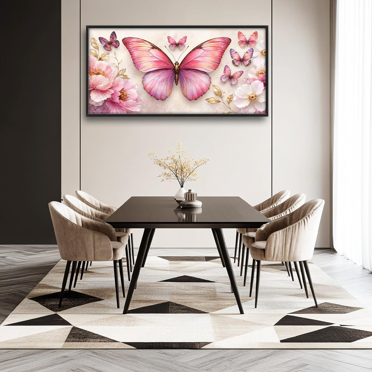 Pink Butterfly Large Wall Art Floral Flower Wall Decor Canvas Framed Pictures Painting Artwork For Living Room Bedroom Office 30"X60" (Pink Butterfly / 60"L x 30"W)