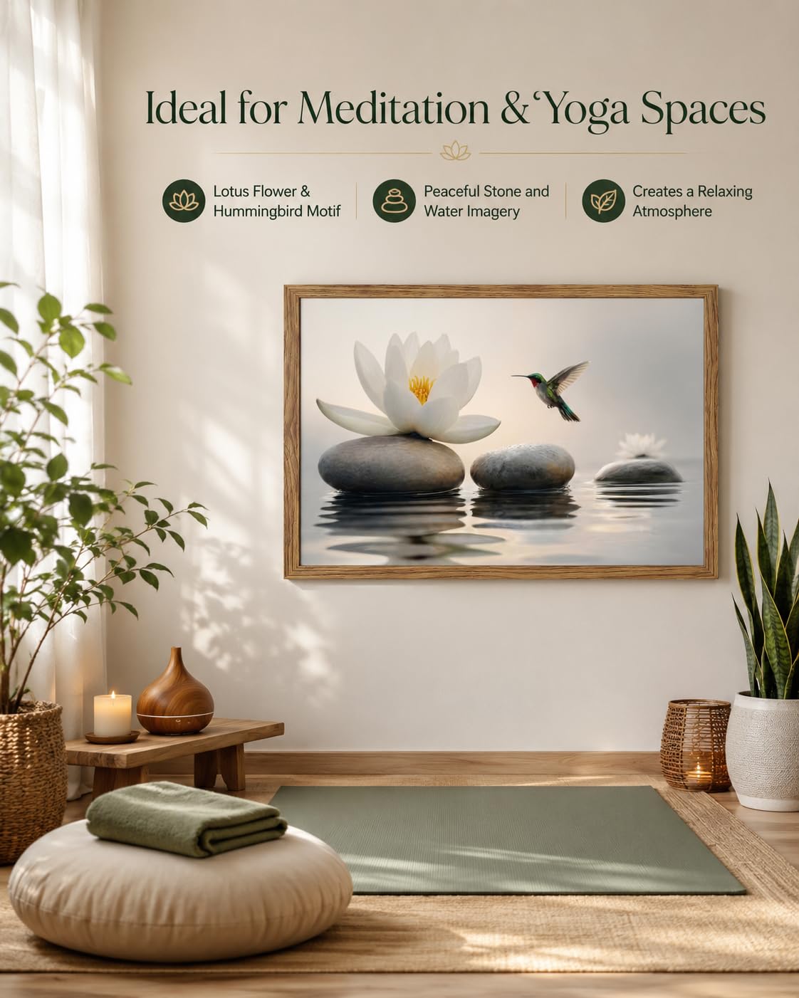 Wood Framed Zen Stone Wall Art Spa Lotus Flower Hummingbird Wall Decor (Hummingbird / 16"L x 24"W)