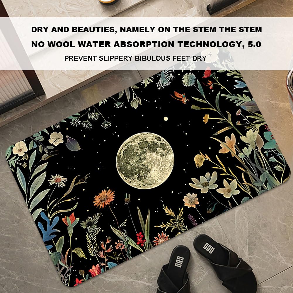 Bath Mat Bathroom Rug (Moon Surrounded By Wildflowers- / 17 x 27.5 inches)