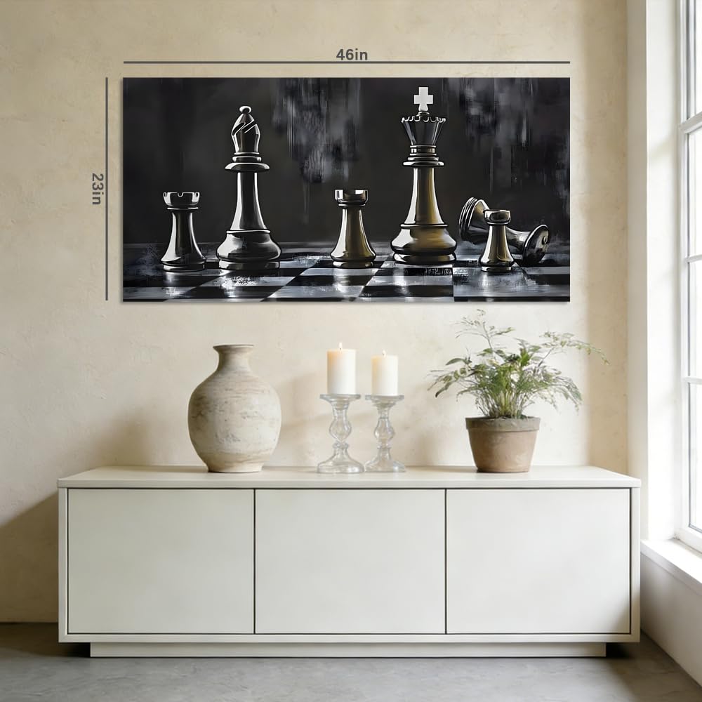 Modern Black and White Chess Canvas Wall Art Strategic Board Game Painting Print Gallery Wrapped Dark Academia Artwork for Living Room Bathroom Bedroom Decor (Bohemian / Black King Queen 5 / 46"L x 23"W)