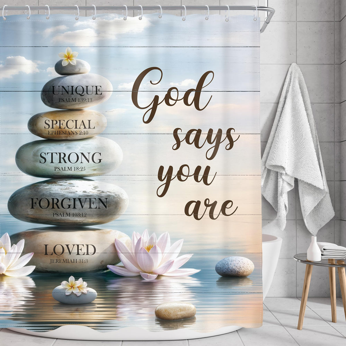 Zen Stone Bible Verse Shower Curtain Motivational Quotes 60Wx72L Inch (D-blue / 60"W x 72"L (Pack of 1))