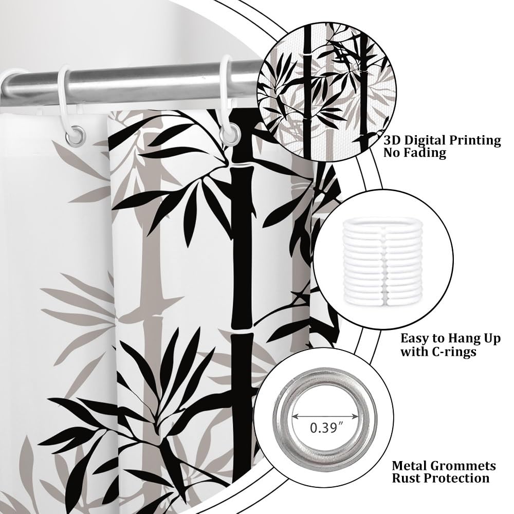Black Grey Bamboo Shower Curtain Asian Chinese Bamboo Bathroom Curtains Oriental Chinese Ink Painting Classic Art Shower Curtain Washable Waterproof Fabric Bathroom Decoration 72x72 Inch (72"W x 72"L (Pack of 1) / White-59)
