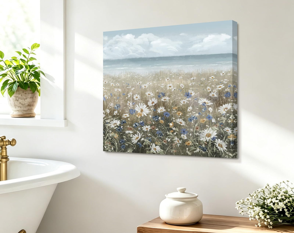 Canvas Wall Art 13x13 Beach Floral Coastal Boho Daisy Wildflowers (Coastal Flower Sea Art / 13"L x 13"W)