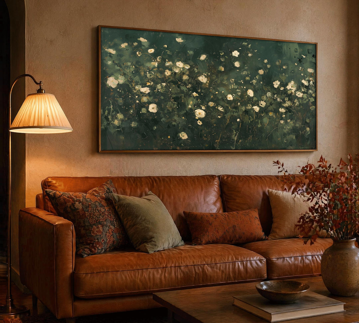 Large Abstract Floral Wall Art Dark Green White Botanical Wildflower Wall Decor Emerald Green Wildflower Painting for Living room Balcony Hotel Entryway Bedroom Home Decoration (Green Flower / 48"L x 24"W)