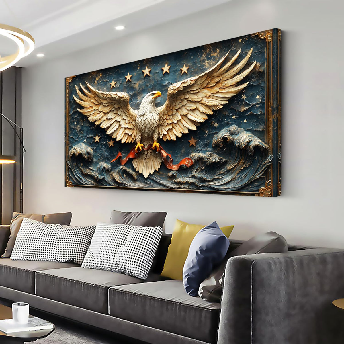 Gold Eagle Wall Art for Living Room Office Relief Sculpture Patriotic Symbol Baroque Ornamental Painting Prints Classic Canvas Artwork Dining Bedroom Decor Large (Baroque / Eagle Relief Sculpture Wall Art / 46L" x 23W")