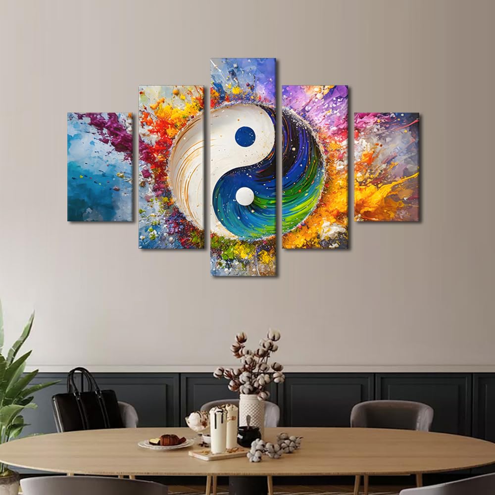 Canvas Wall Art Oversized Color Splatter Yin Yang Design Stretched Framed Painting Five Piece Set Meditation Space Decor Modern Studio Art Ready to Hang 60" Wx40 H‌ (60''Wx40''H / Artwork-08)