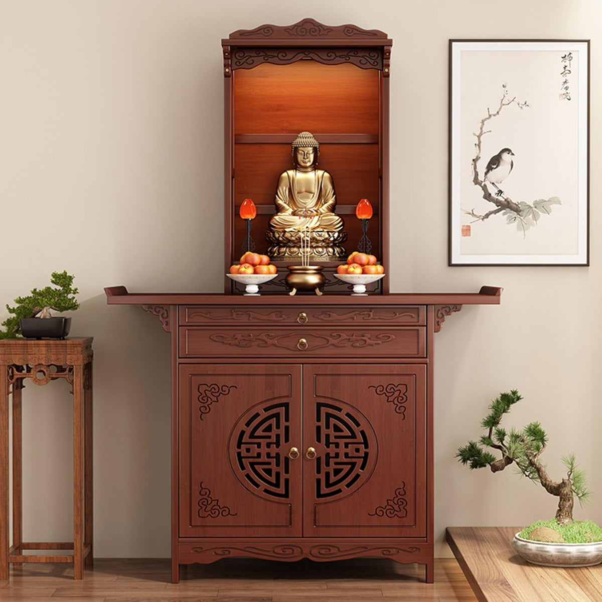 Personal Shrine Altar Table Buddhist Pooja Cabinet Altar Table Multifunctional Chinese Buddha Niche Chinese Cabinet with Drawers and Storage for Family Worship Use (47.24x15.75x74.8in)