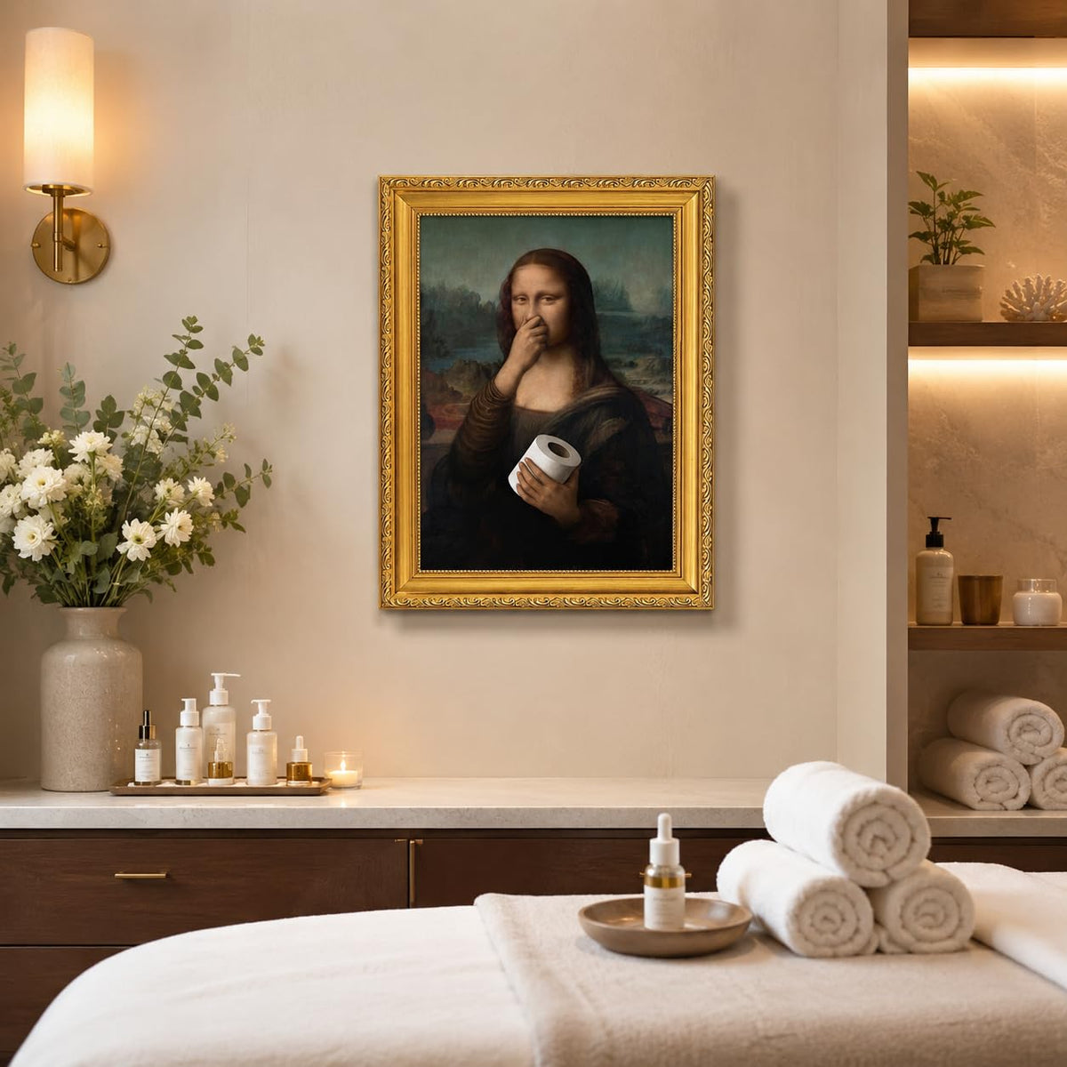 Gold Framed Bathroom Wall Art Mona Lisa Humor Amusing Toilet Art Pinching Nose Wall Decor Funny Vintage Painting Picture Print Whimsical Restroom 9x11 inch Small Framed (Mona Lisa / 16L" x 12W")